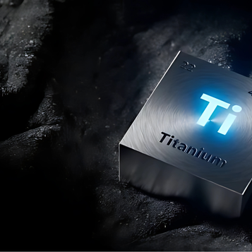 Titanium periodic table element cube on dark rock