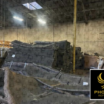 Stacks of used metal mesh in a warehouse