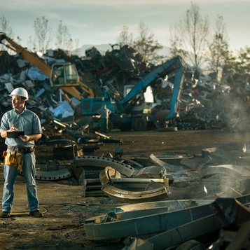 Worker in a hard hat at a metal scrap yard